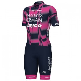 Completo Maglia + Pantaloncino con bretelle 2025 Hagens Berman Jayco Manica Corta Rosa