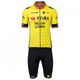 Completo Maglia + Pantaloncino con bretelle 2025 Visma Lease A Bike Campione Del Belgio Manica Corta Giallo