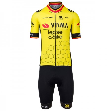 Completo Maglia + Pantaloncino con bretelle 2025 Visma Lease A Bike Campione Del Belgio Manica Corta Giallo Completo Maglia + Pantaloncino con bretelle 2025 Visma Lease A Bike Campione Del Belgio Manica Corta Giallo
