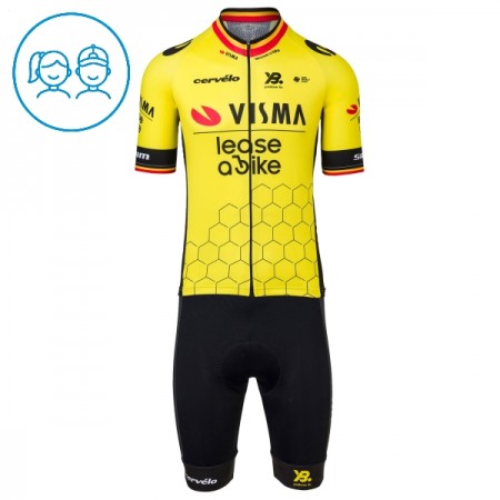 Completo Maglia + Pantaloncino con bretelle 2025 Visma Lease A Bike Campione Del Belgio Manica Corta Giallo Bambini Completo Maglia + Pantaloncino con bretelle 2025 Visma Lease A Bike Campione Del Belgio Manica Corta Giallo Bambini