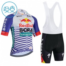 Completo Maglia + Pantaloncino con bretelle 2026 BORA-Hansgrohe Bull Manica Corta Rosso Bianco Bambini
