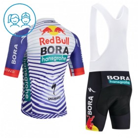 Completo Maglia + Pantaloncino con bretelle 2026 BORA-Hansgrohe Bull Manica Corta Rosso Bianco Bambini