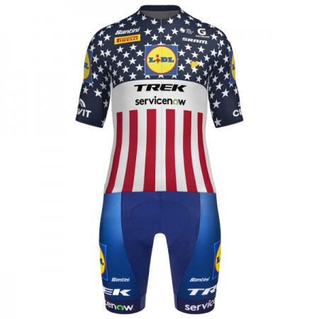 Completo Maglia + Pantaloncino con bretelle 2026 Lidl-Trek US-American Champion Manica Corta Blu Completo Maglia + Pantaloncino con bretelle 2026 Lidl-Trek US-American Champion Manica Corta Blu