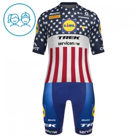 Completo Maglia + Pantaloncino con bretelle 2026 Lidl-Trek US-American Champion Manica Corta Blu Bambini