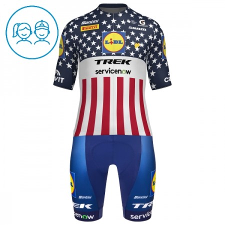 Completo Maglia + Pantaloncino con bretelle 2026 Lidl-Trek US-American Champion Manica Corta Blu Bambini Completo Maglia + Pantaloncino con bretelle 2026 Lidl-Trek US-American Champion Manica Corta Blu Bambini