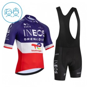 Completo Maglia + Pantaloncino con bretelle 2026 INEOS Grenadiers France Champion Manica Corta Blu Bambini